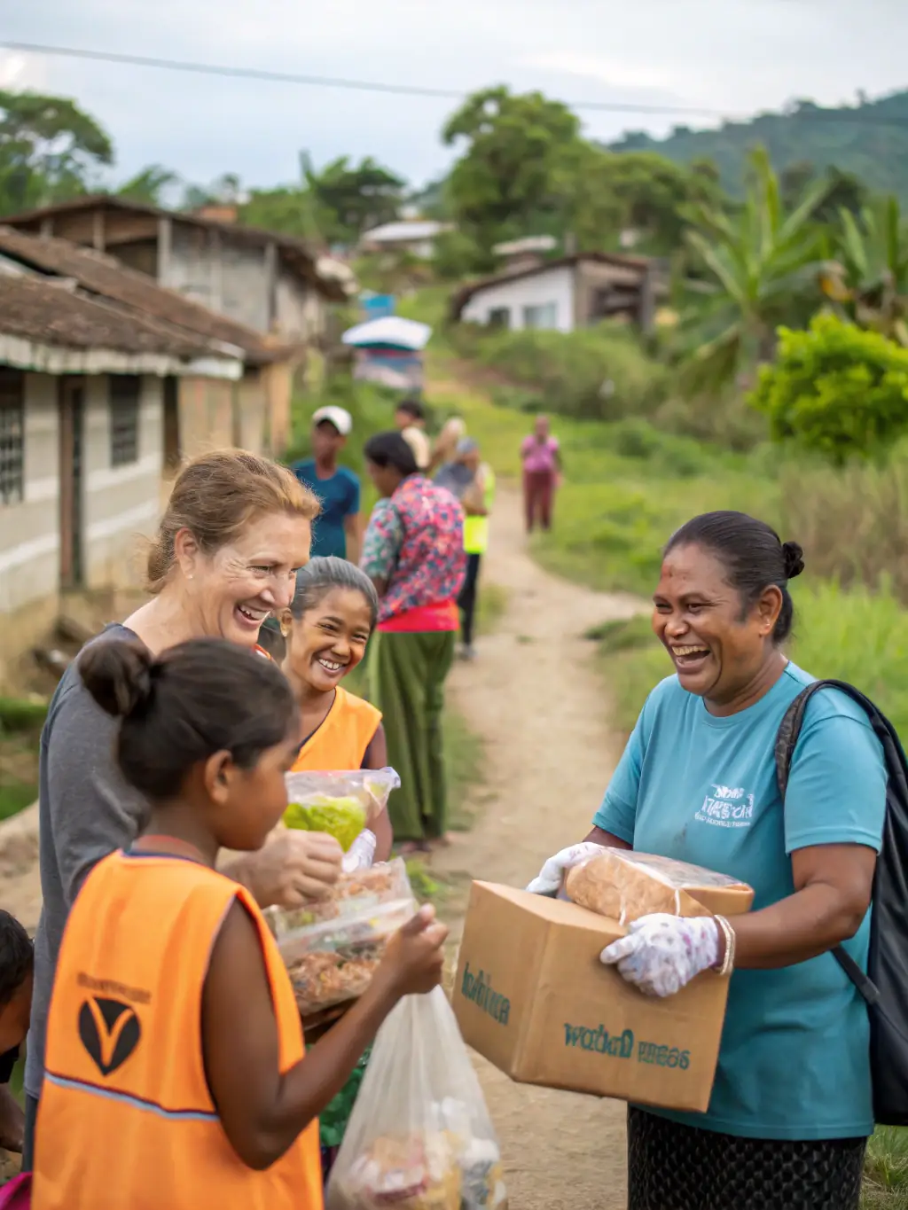 A heartwarming image of volunteers distributing food and essential supplies to families in need, highlighting the humanitarian efforts of ASSOCIATION VIVRE LIBRE.