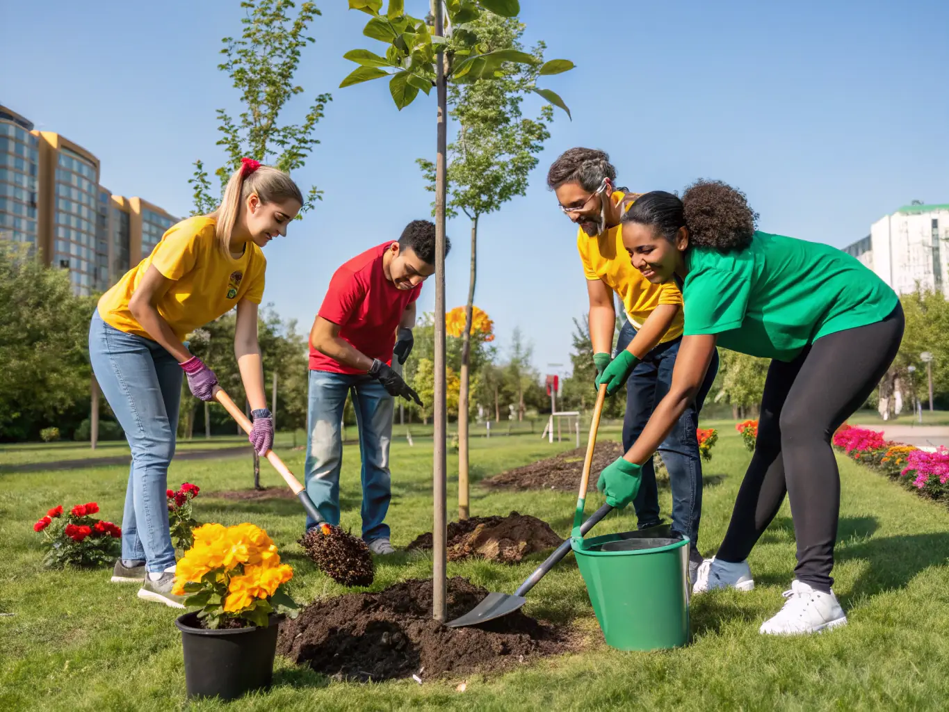 A serene image of volunteers planting trees as part of ASSOCIATION VIVRE LIBRE's environmental conservation project, highlighting their dedication to preserving the natural environment.