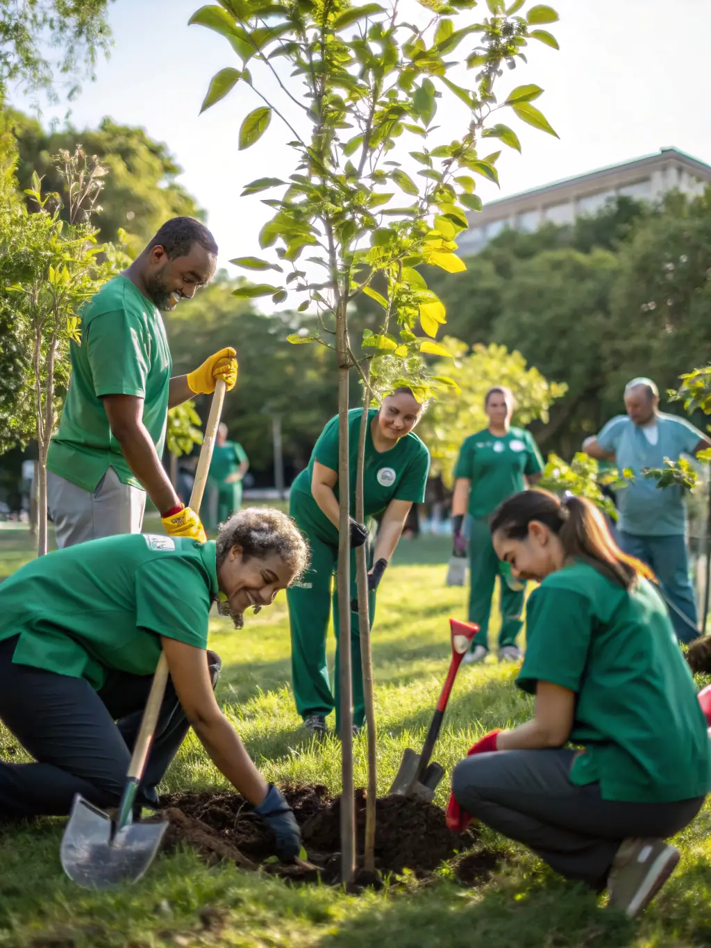 A group of community members working together on an environmental project, such as cleaning up a local park or planting trees, demonstrating ASSOCIATION VIVRE LIBRE's commitment to environmental sustainability.