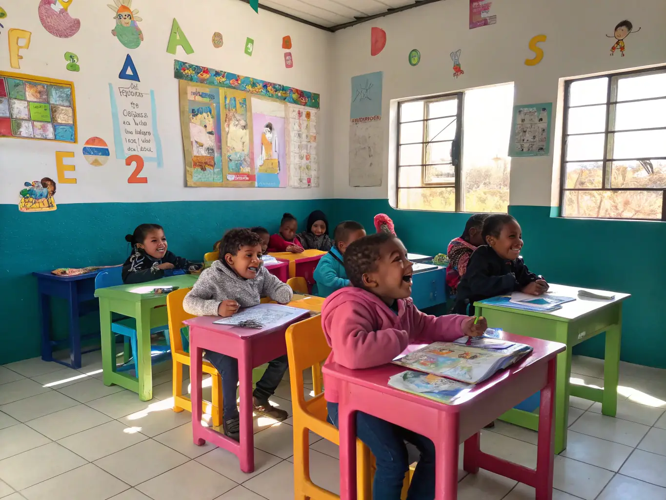 A vibrant photograph capturing a group of children participating in an educational workshop organized by ASSOCIATION VIVRE LIBRE, showcasing their engagement and enthusiasm for learning.