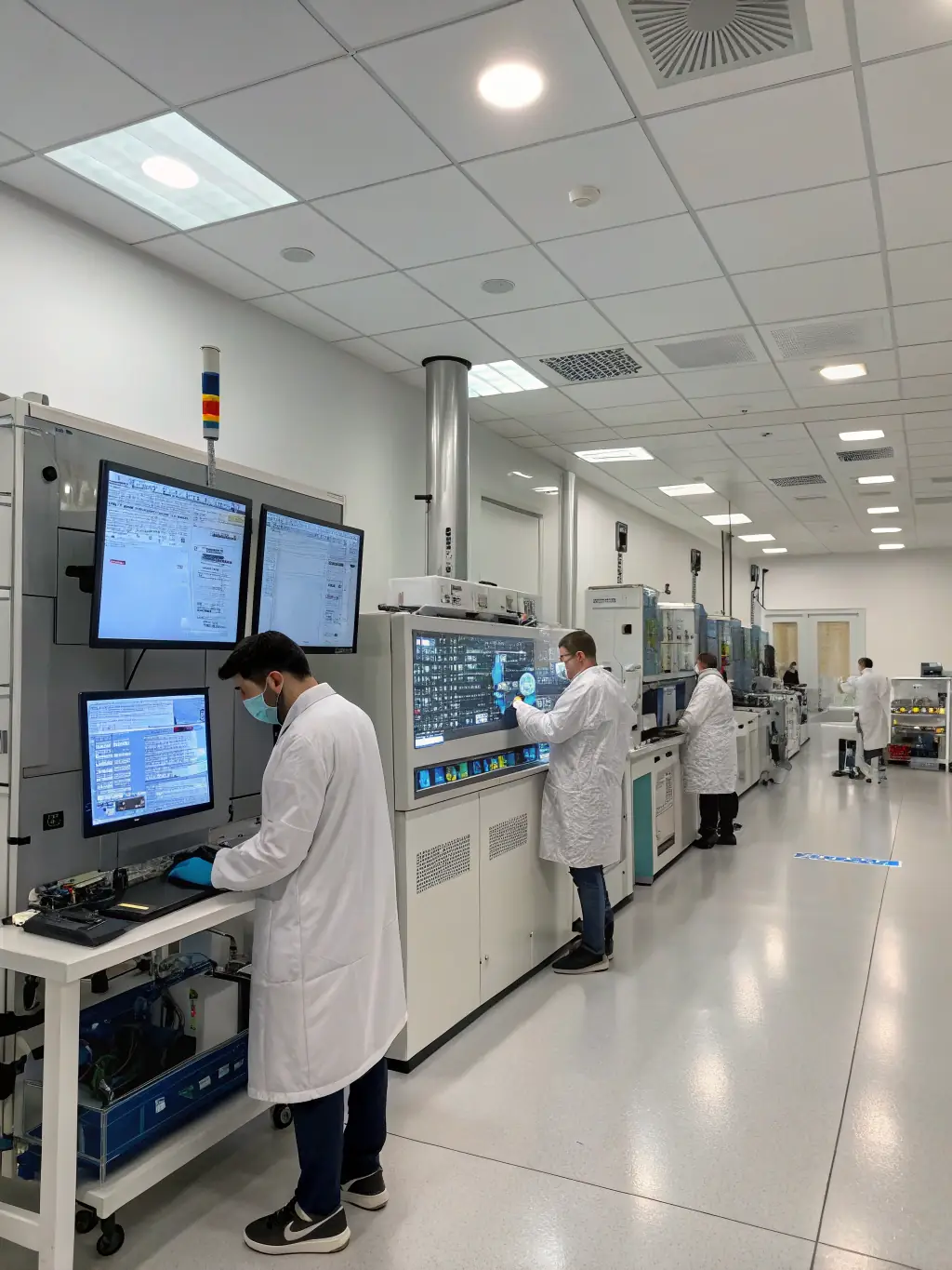 A modern laboratory setting at CNAM ILE DE FRANCE, showcasing researchers working on a robotics project, with advanced equipment and collaborative data analysis.