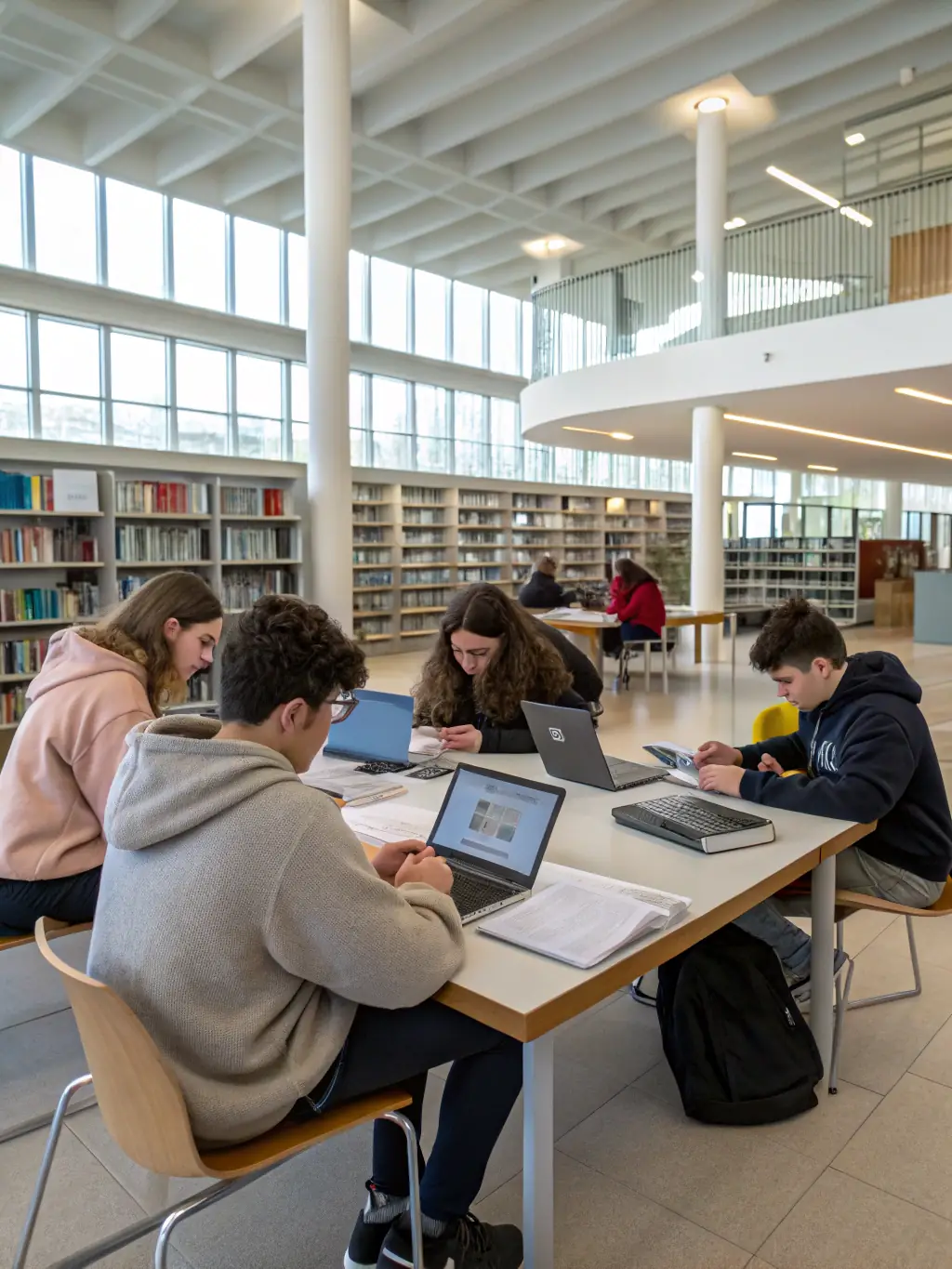A group of students working on a research project in a library, surrounded by books and computers, showcasing collaborative learning.