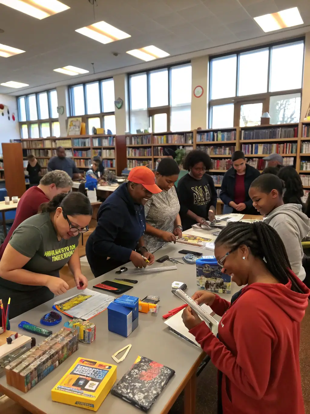 A diverse group of adults participating in a hands-on workshop, collaborating on a project with smiles and enthusiasm, set in a modern, well-lit classroom.